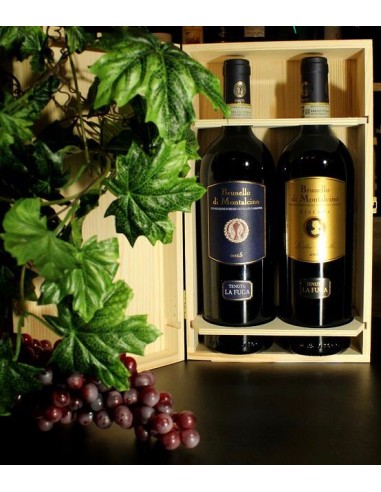 Confezione in legno "La fuga" Brunello di Montalcino 2015 "Le due sorelle" riserva 2011